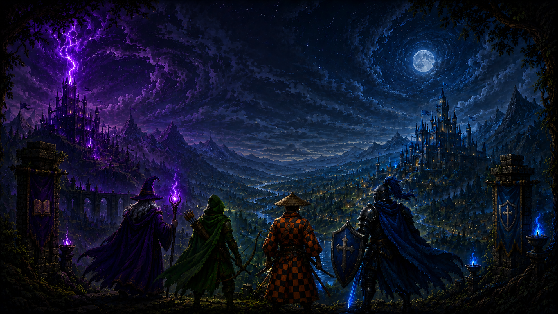 Fortryv key art — four heroes overlooking a moonlit kingdom