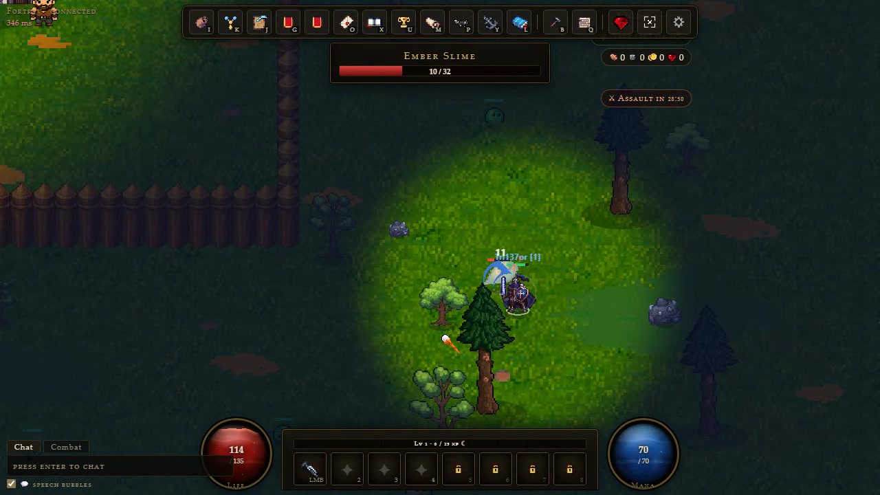 Fortryv knight fighting an Ember Slime at night beside a palisade wall