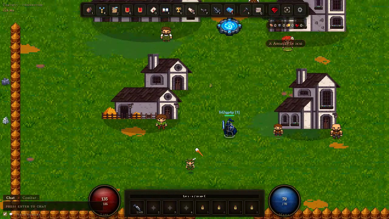 Fortryv town with stone houses and adventurers