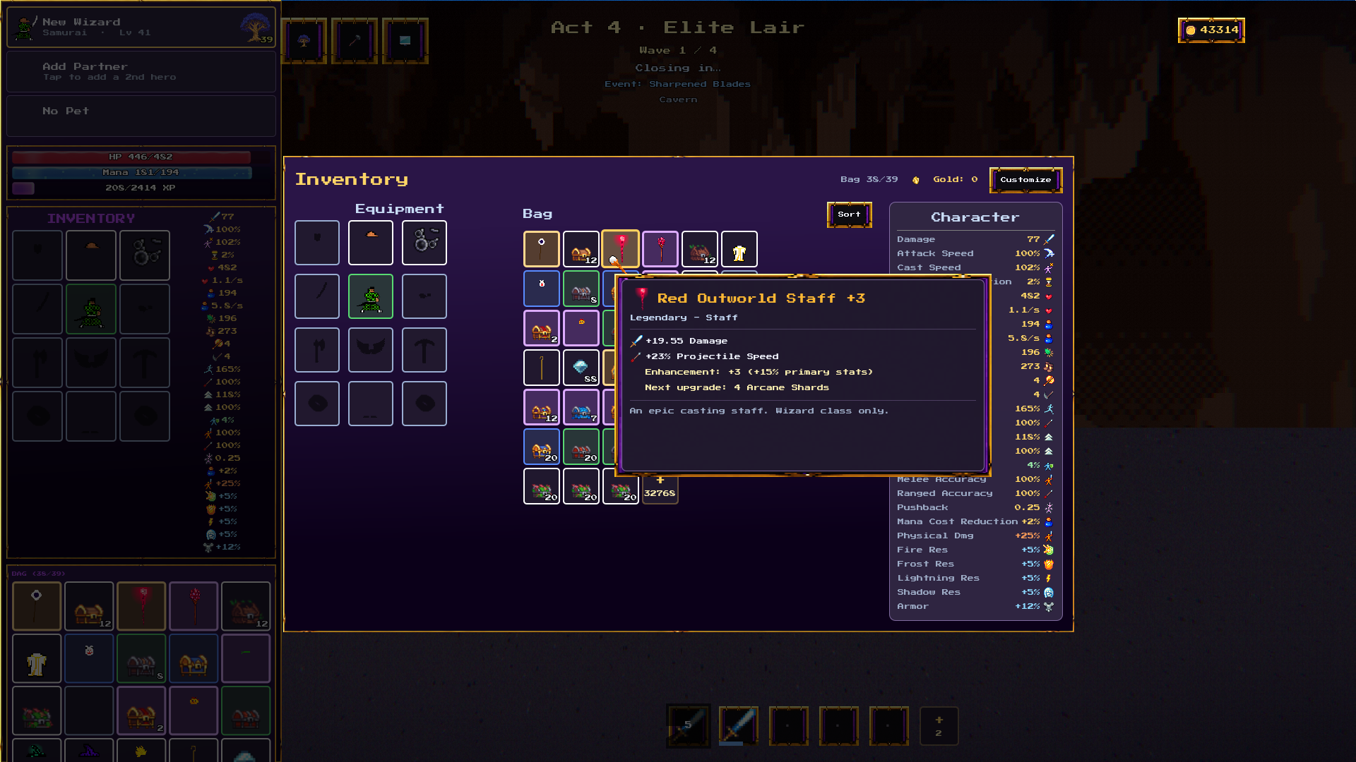 Legends of Companion inventory with character stats and a legendary staff