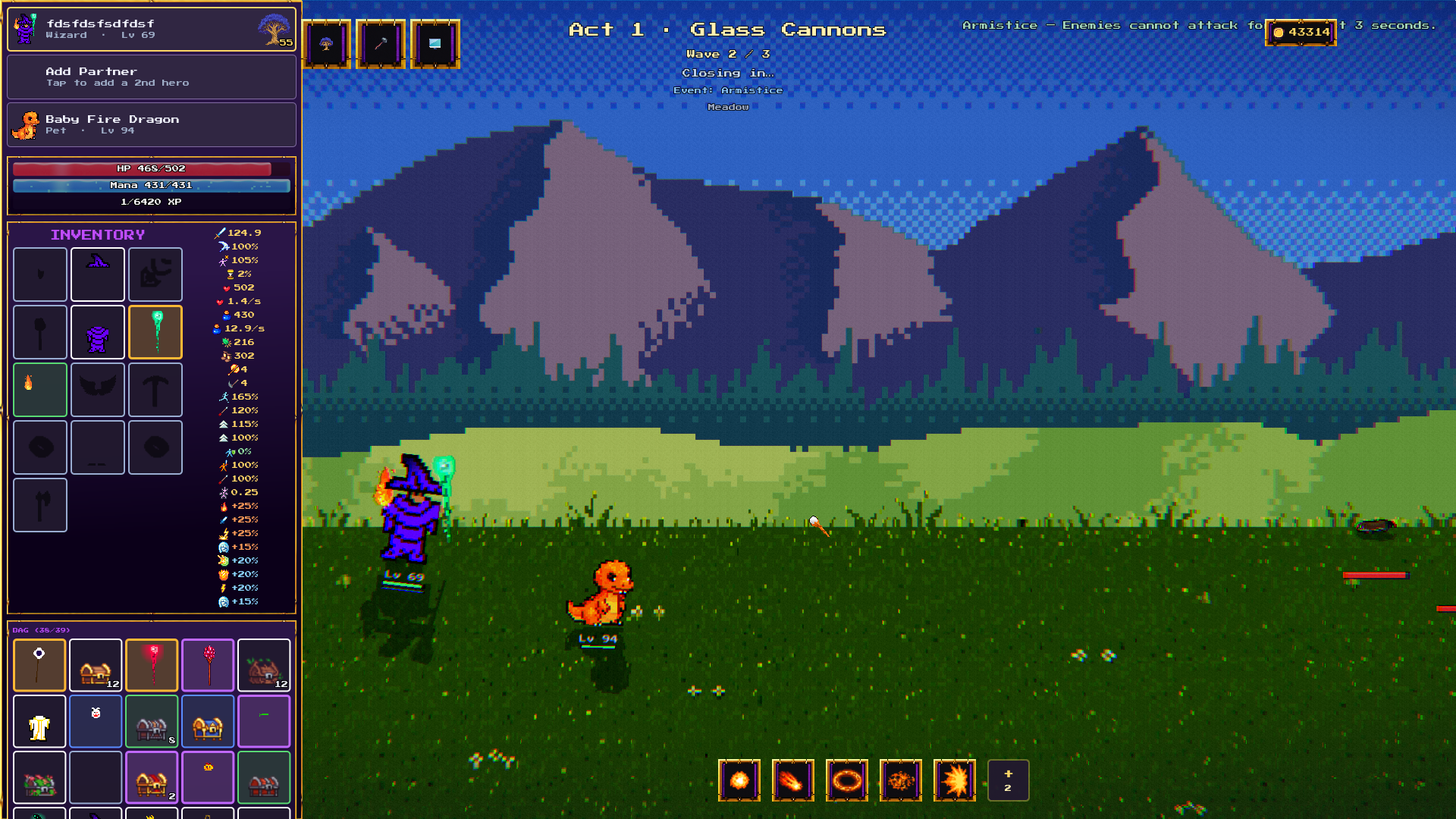 Legends of Companion wizard fighting alongside a fire dragon pet in the Meadows
