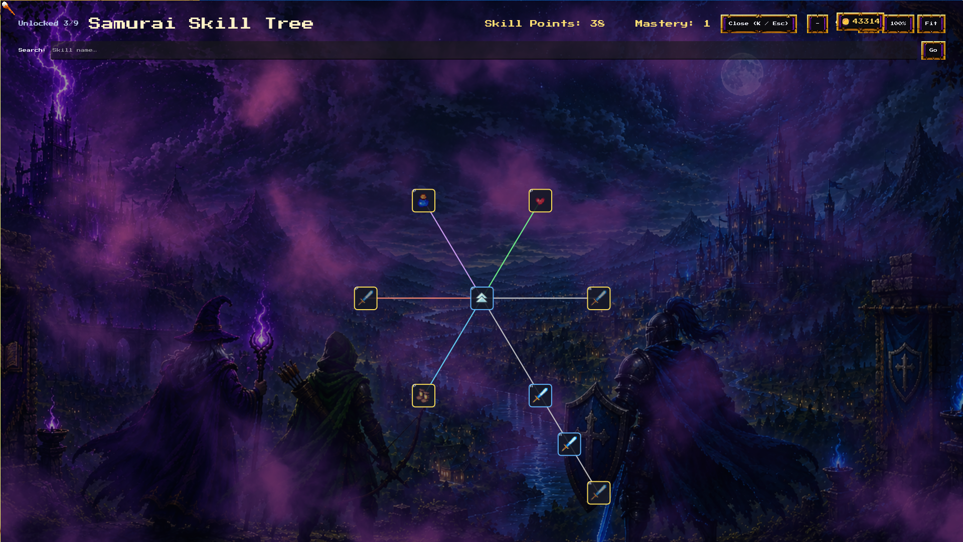 Legends of Companion samurai skill tree with branching upgrade paths