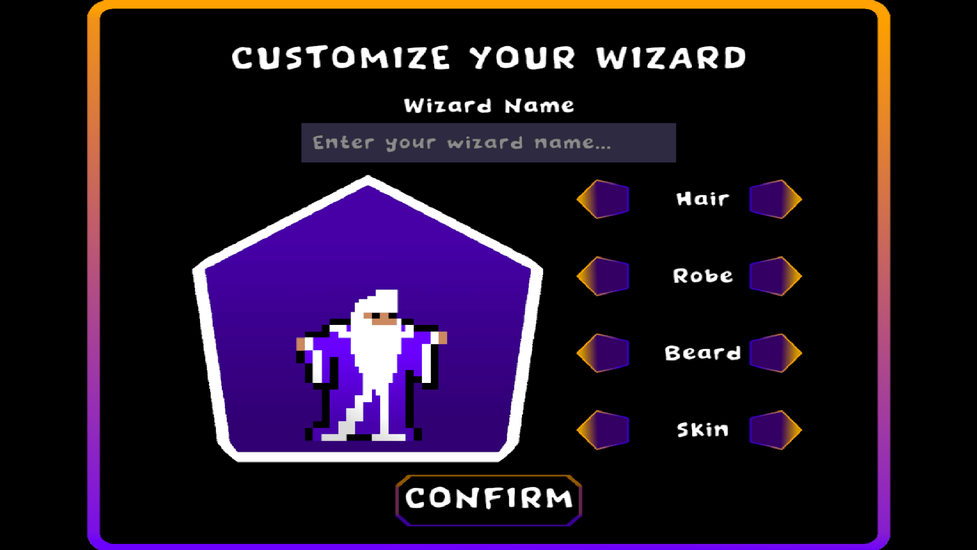 Customize Your Wizard screen: name your wizard and tailor hair, robe, beard, and skin