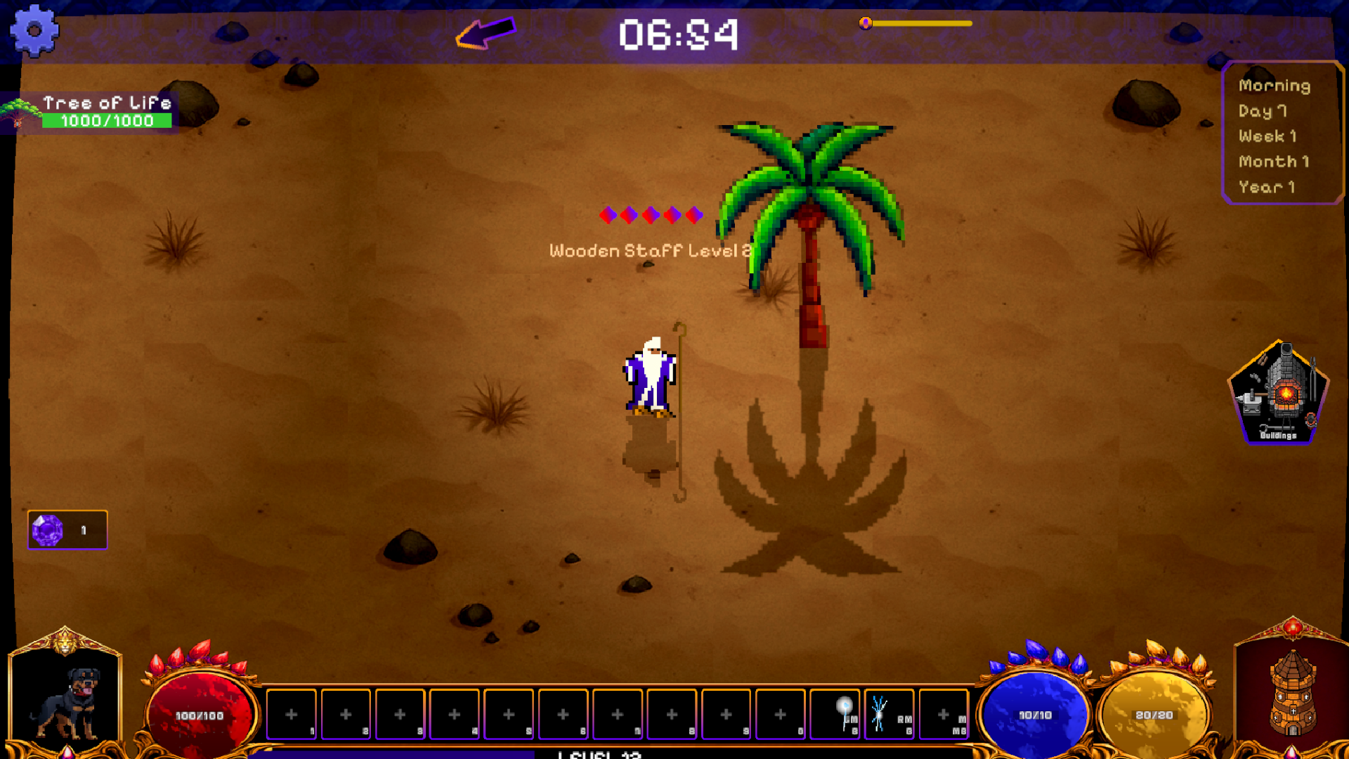 Desert biome gameplay with wizard, palm trees, and day cycle UI