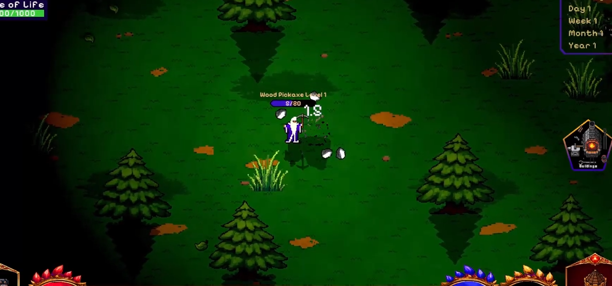 Mine Wizard gameplay: wizard mining ore in a forest biome with pickaxe progression UI