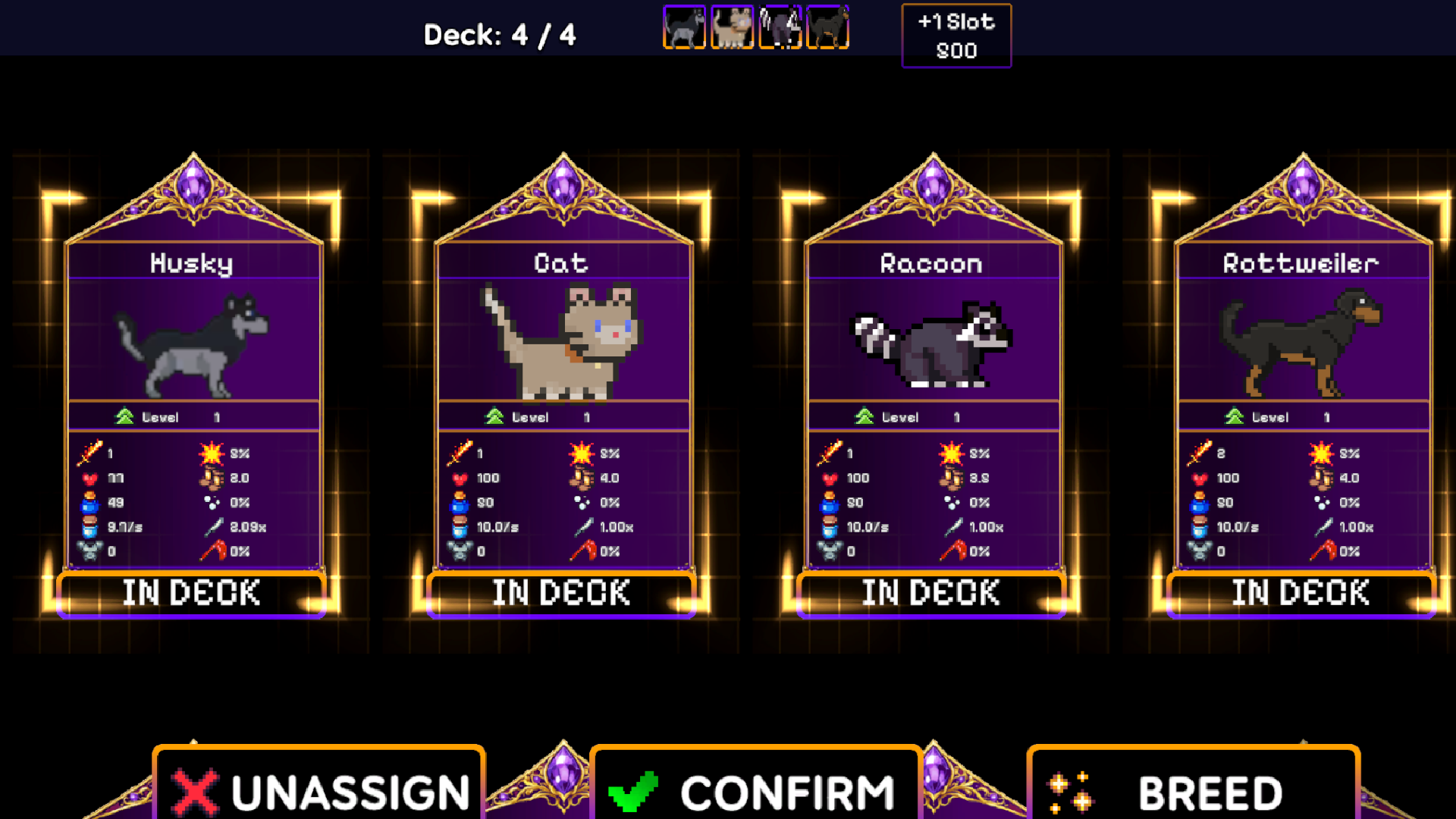 Pet deck screen showing husky, cat, raccoon, and rottweiler with stats and breed options