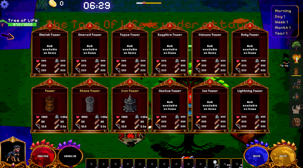 Tower defense UI: place Stone, Iron, and elemental towers to protect the Tree of Life